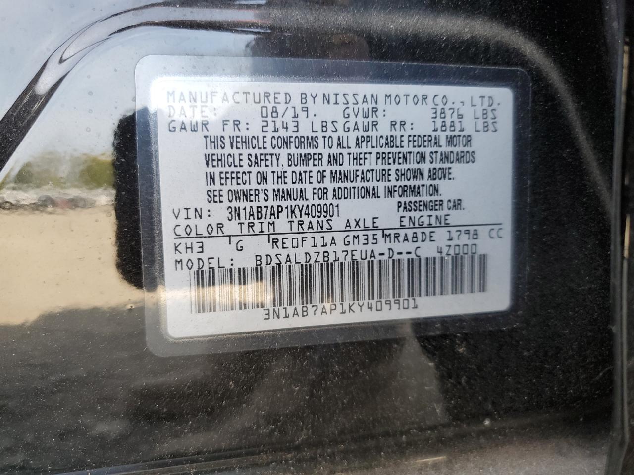 3N1AB7AP1KY409901 2019 Nissan Sentra S