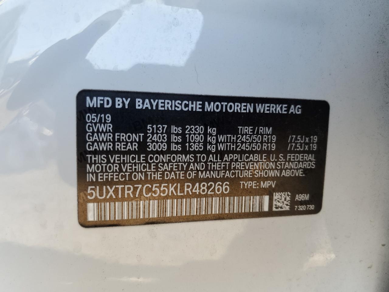 5UXTR7C55KLR48266 2019 BMW X3 Sdrive30I