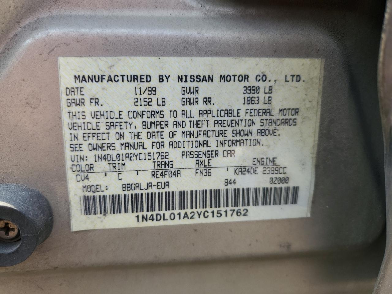 2000 Nissan Altima Xe VIN: 1N4DL01A2YC151762 Lot: 70618594