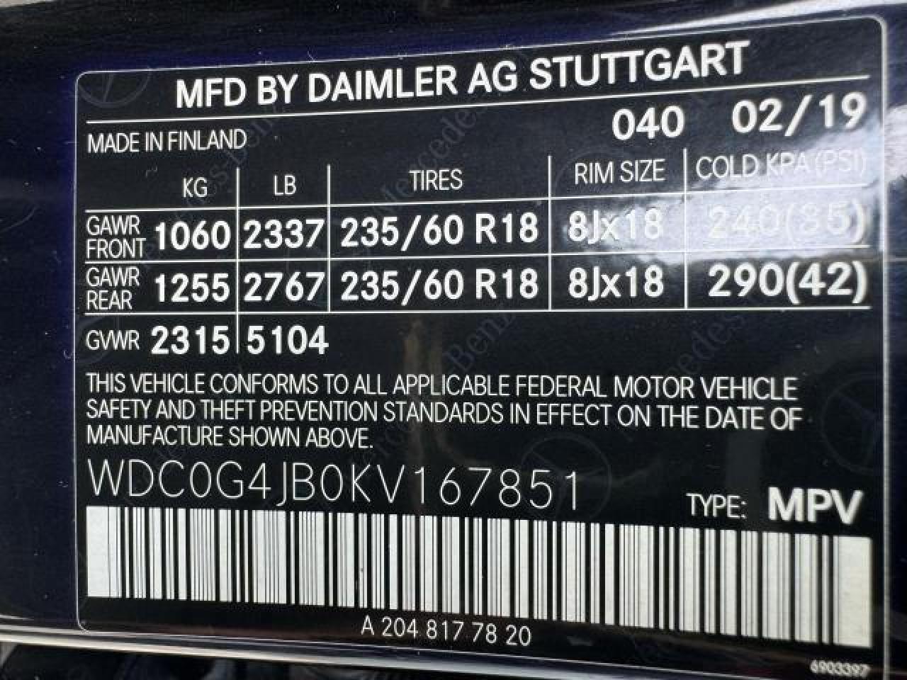 WDC0G4JB0KV167851 2019 Mercedes-Benz Glc 300