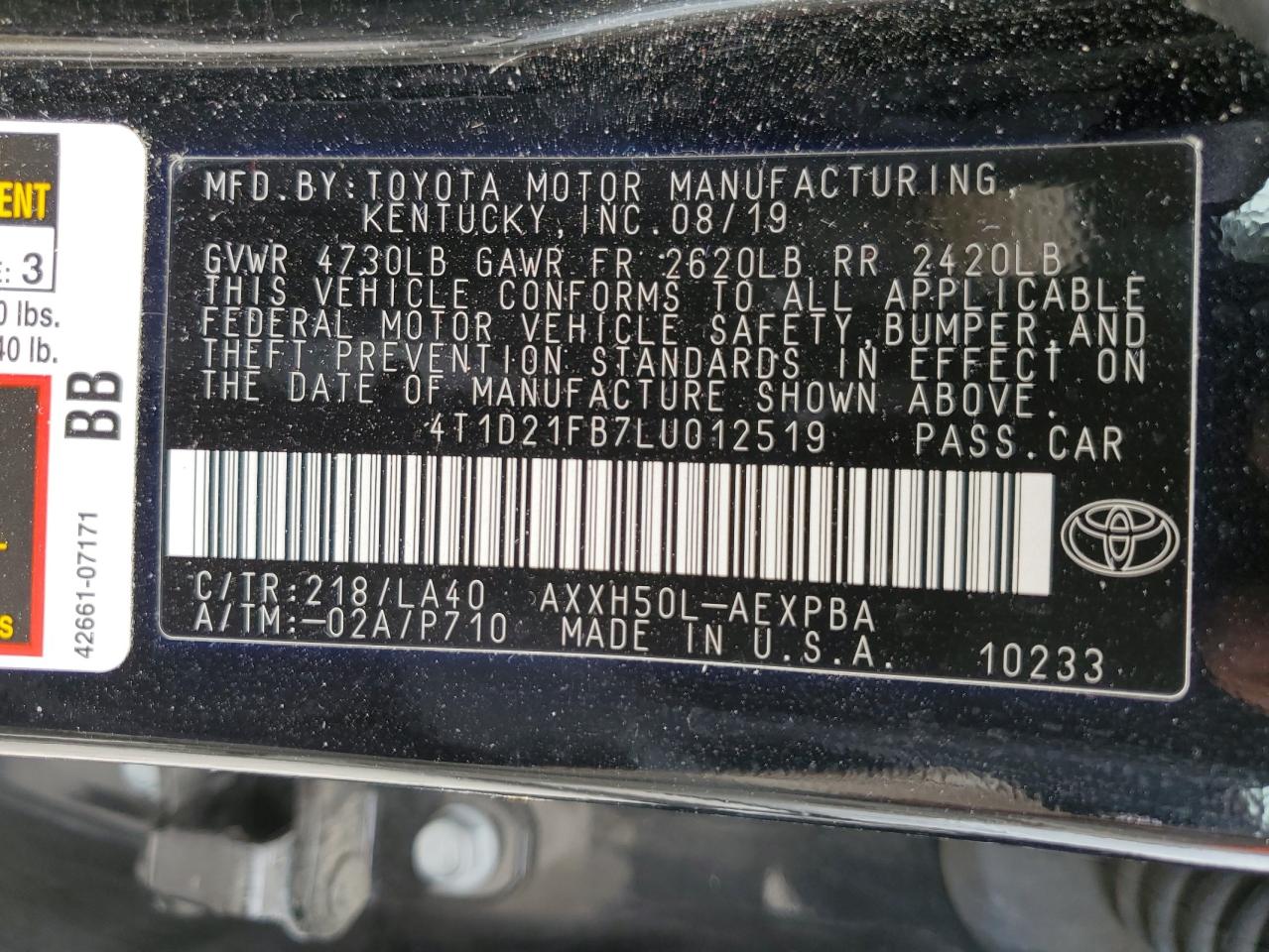 4T1D21FB7LU012519 2020 TOYOTA AVALON - Image 12