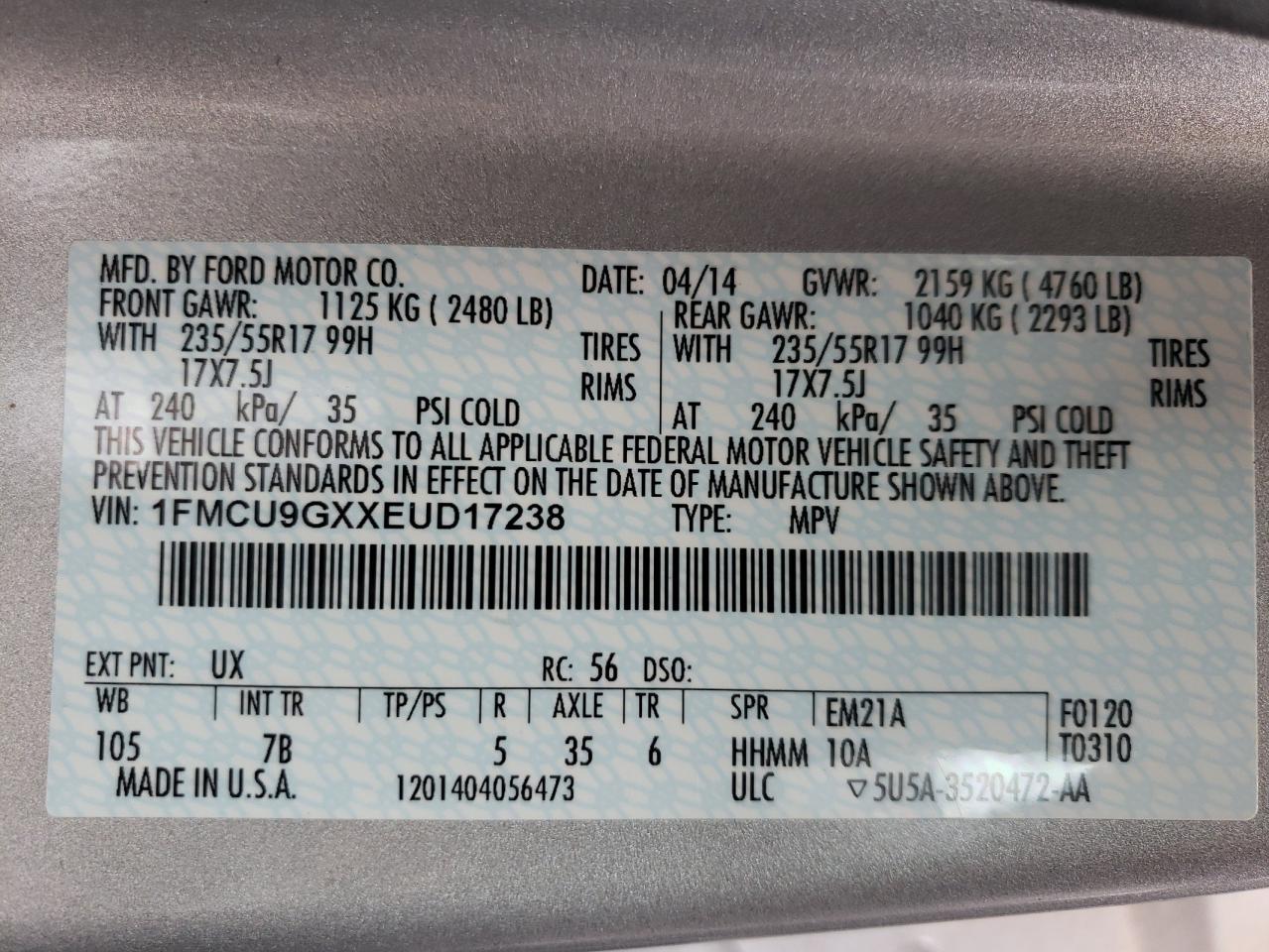 1FMCU9GXXEUD17238 2014 Ford Escape Se