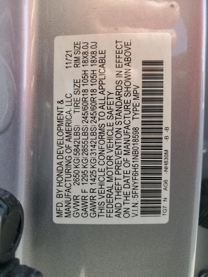 5FNYF6H51NB018598 2022 Honda Pilot Exl