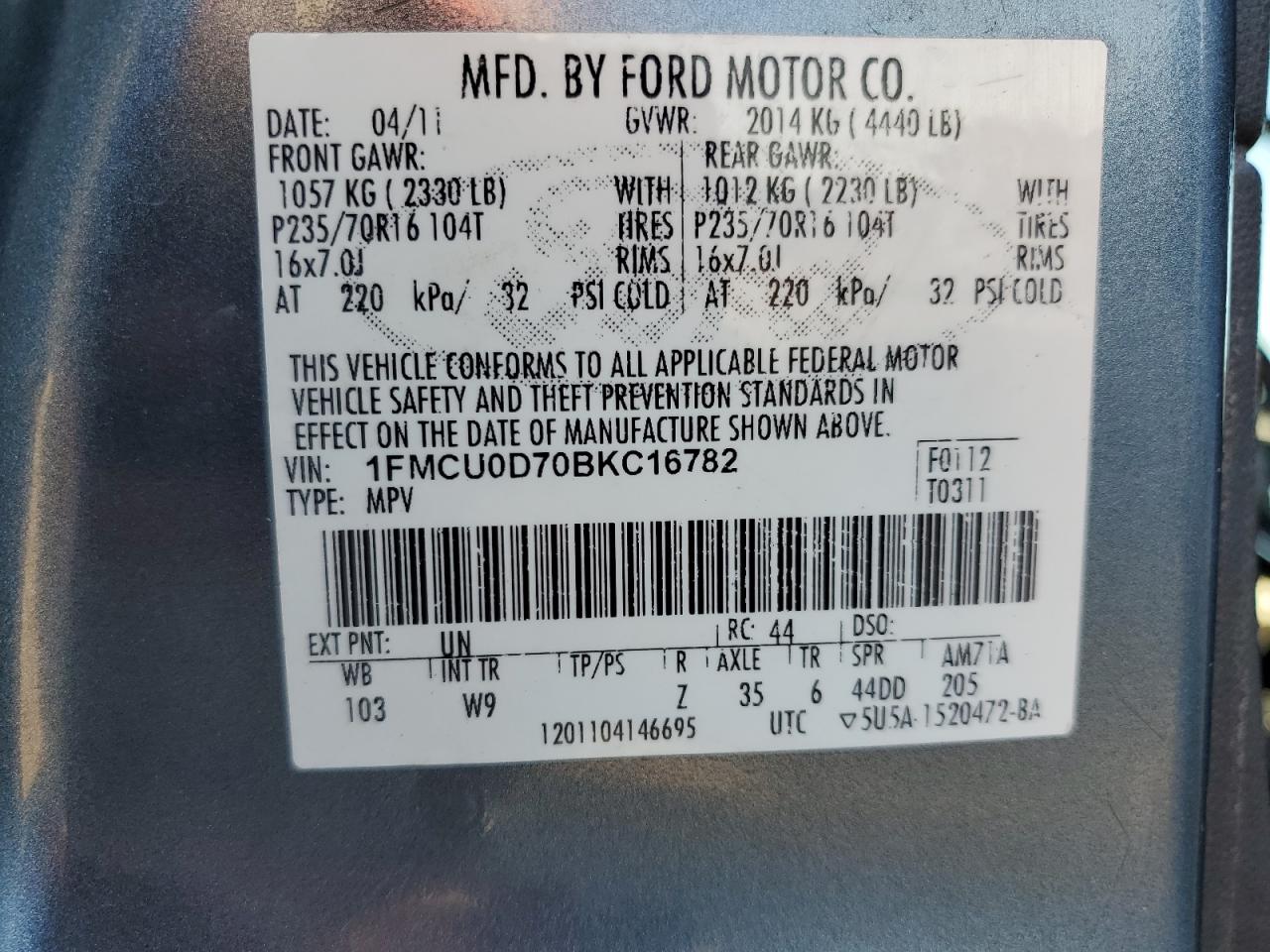 2011 Ford Escape Xlt VIN: 1FMCU0D70BKC16782 Lot: 70766714