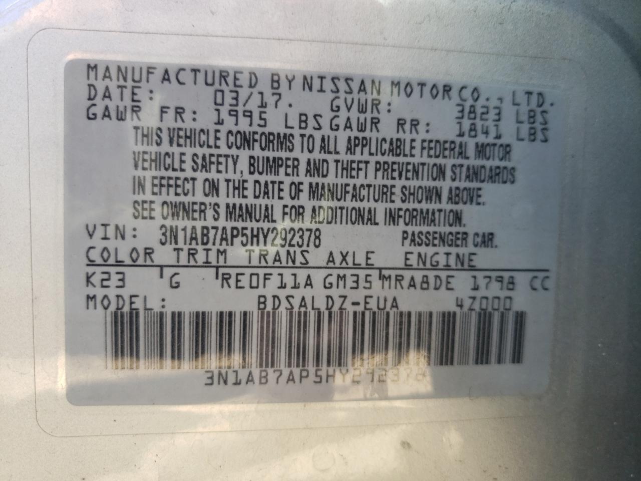 3N1AB7AP5HY292378 2017 Nissan Sentra S