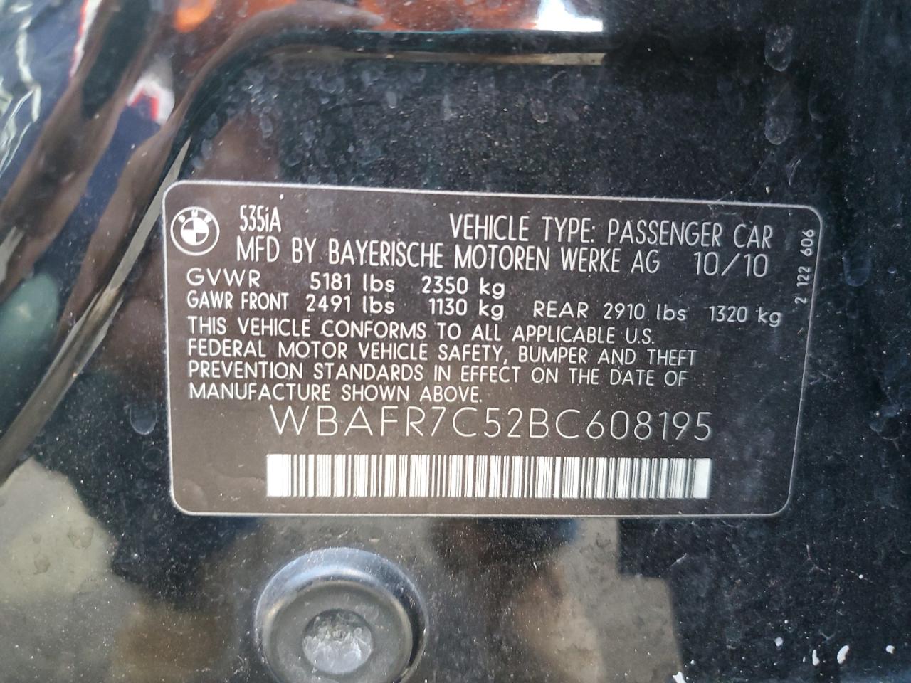 2011 BMW 535 I VIN: WBAFR7C52BC608195 Lot: 70051974