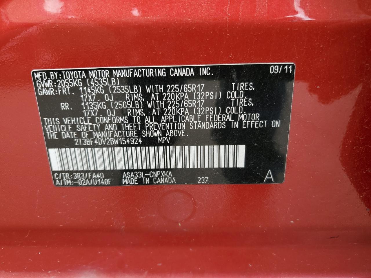 2011 Toyota Rav4 VIN: 2T3BF4DV2BW154924 Lot: 70341724