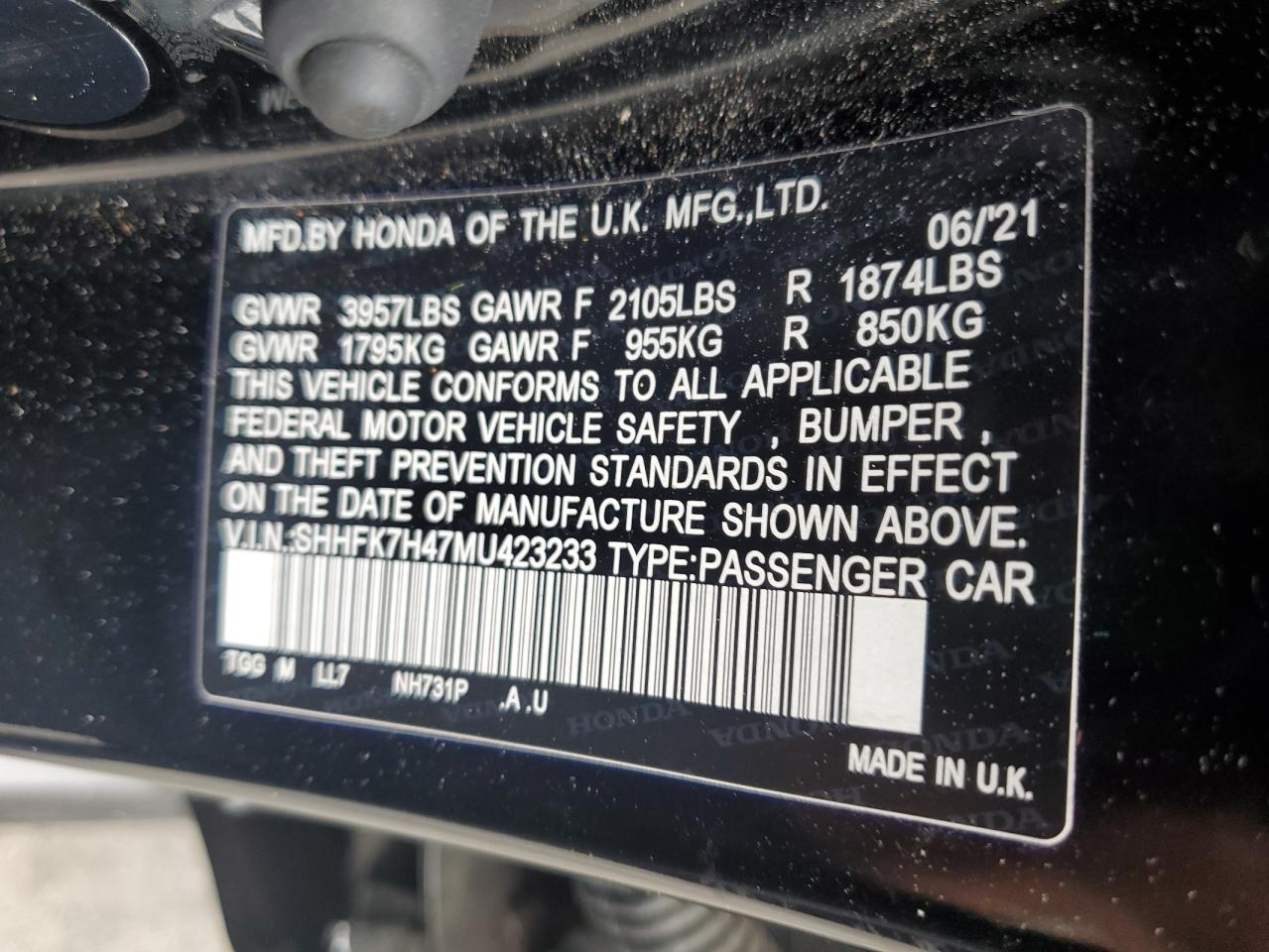 SHHFK7H47MU423233 2021 Honda Civic Sport SHHFK7H47MU423233 2021 Honda Civic Sport