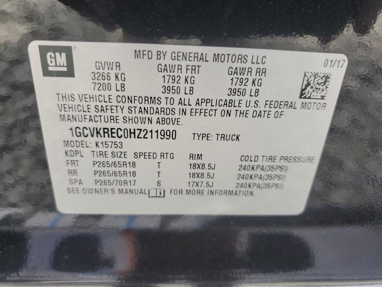 1GCVKREC0HZ211990 2017 Chevrolet Silverado K1500 Lt