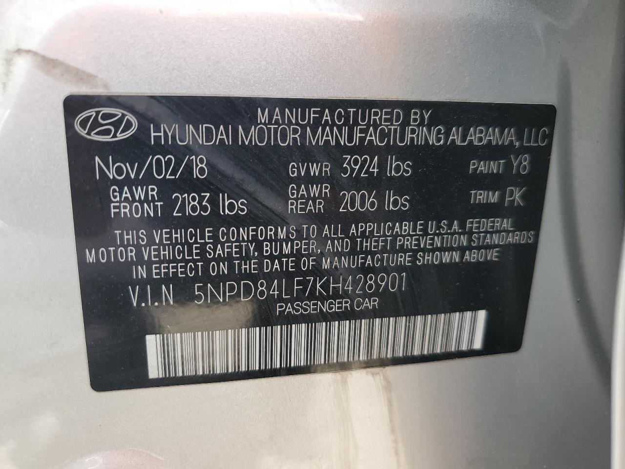 5NPD84LF7KH428901 2019 Hyundai Elantra Sel