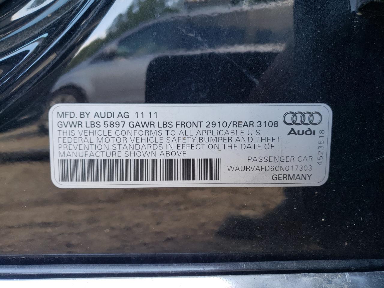 2012 Audi A8 L Quattro VIN: WAURVAFD6CN017303 Lot: 70655924