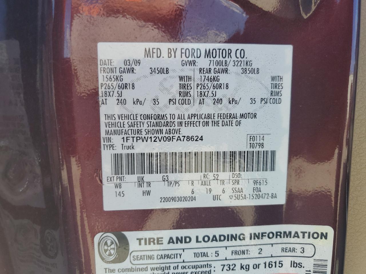 1FTPW12V09FA78624 2009 Ford F150 Supercrew