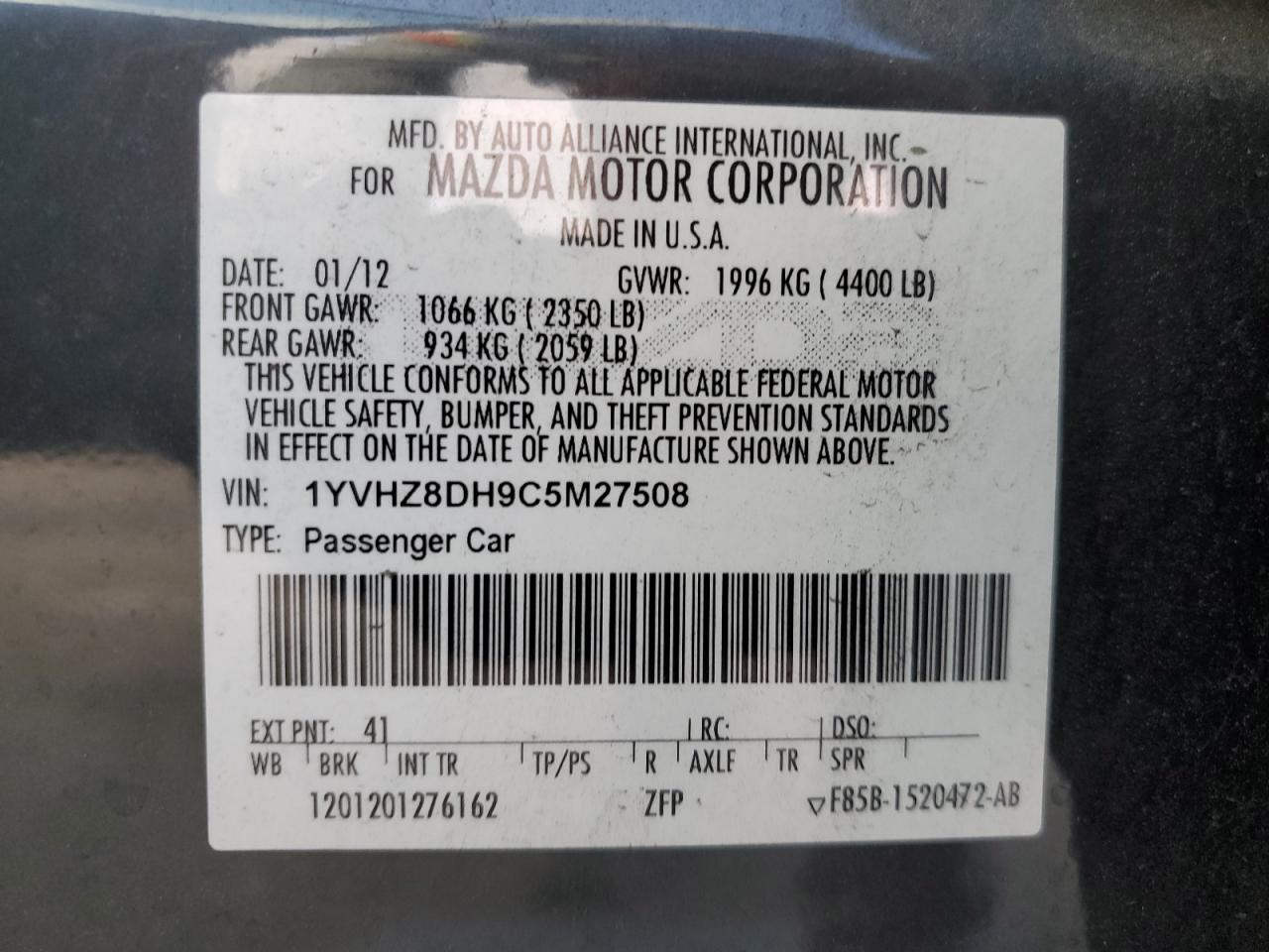 1YVHZ8DH9C5M27508 2012 Mazda 6 I