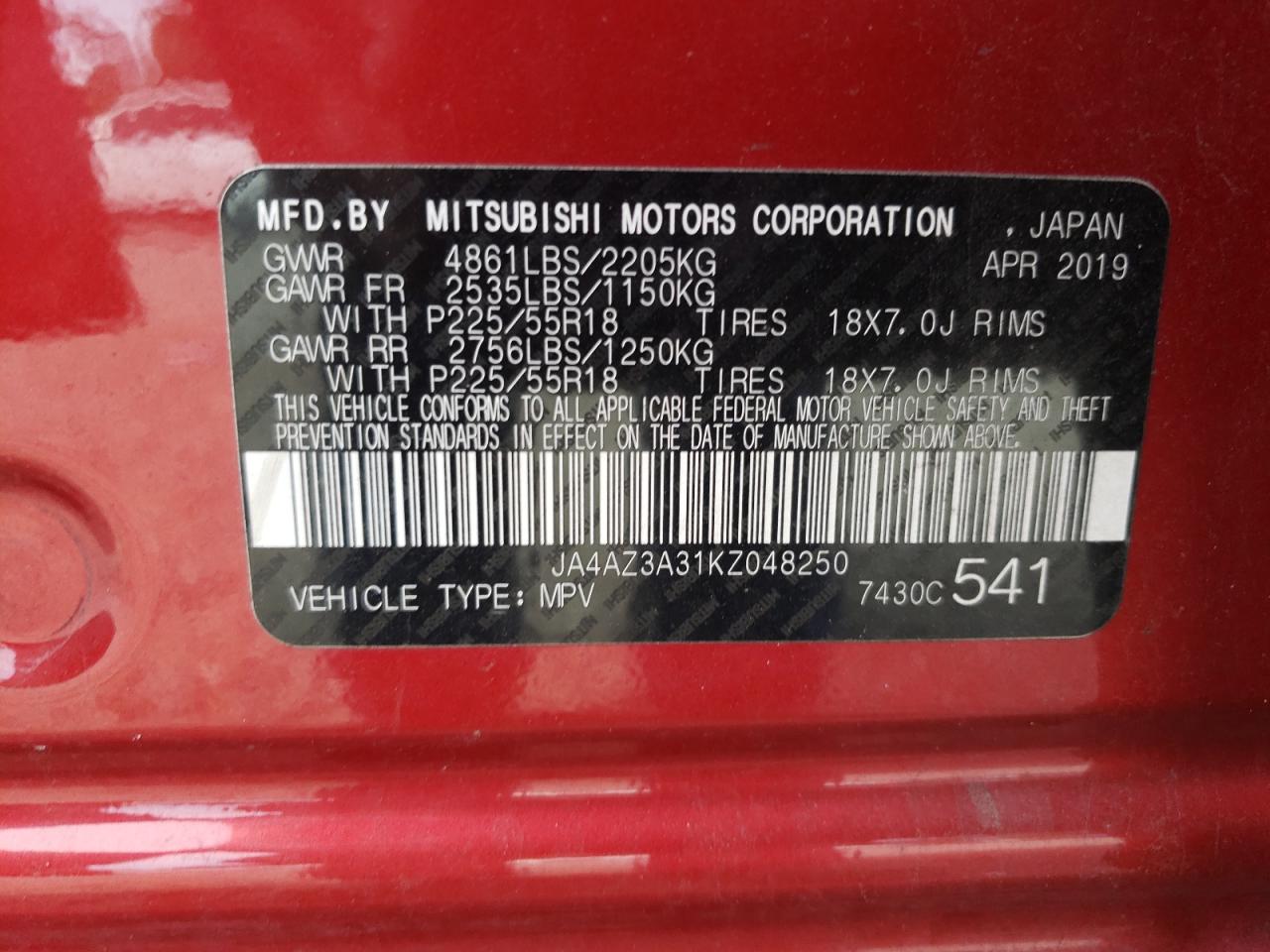 JA4AZ3A31KZ048250 2019 Mitsubishi Outlander Se