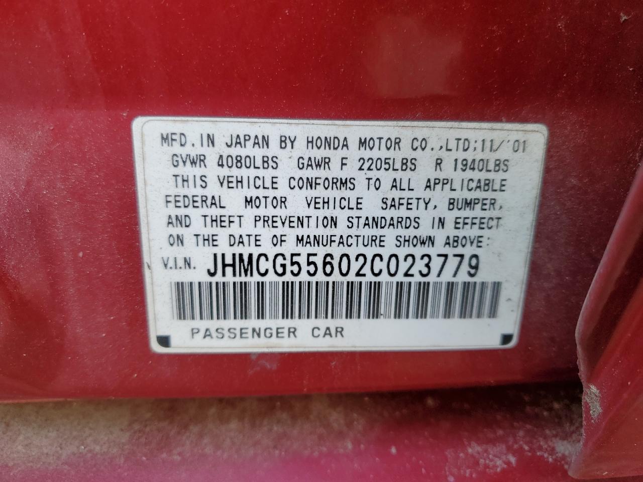 HONDA ACCORD 2002 VIN JHMCG55602C023779 фото 12