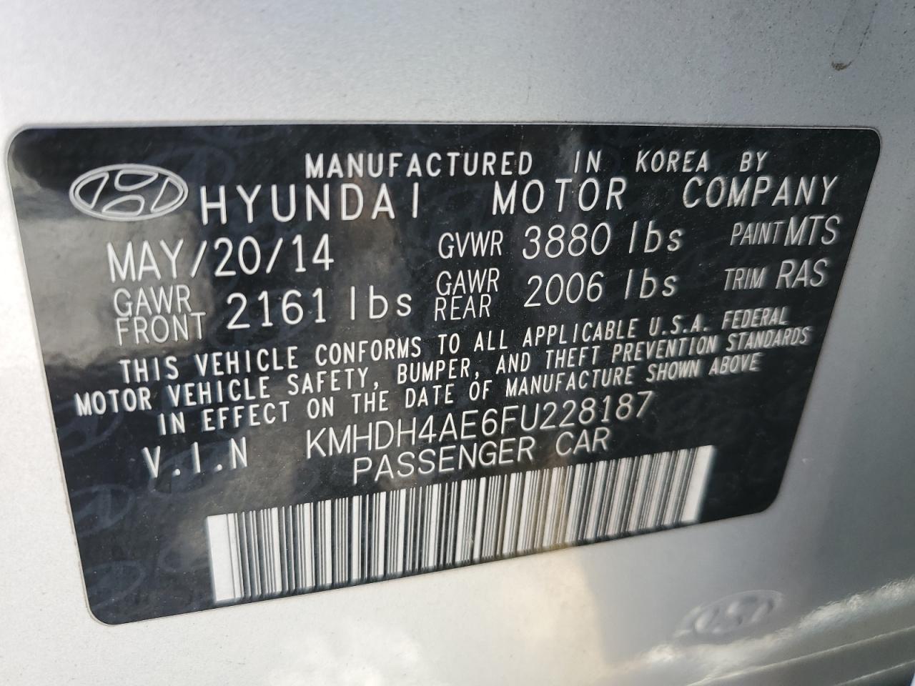 2015 Hyundai Elantra Se VIN: KMHDH4AE6FU228187 Lot: 69692844