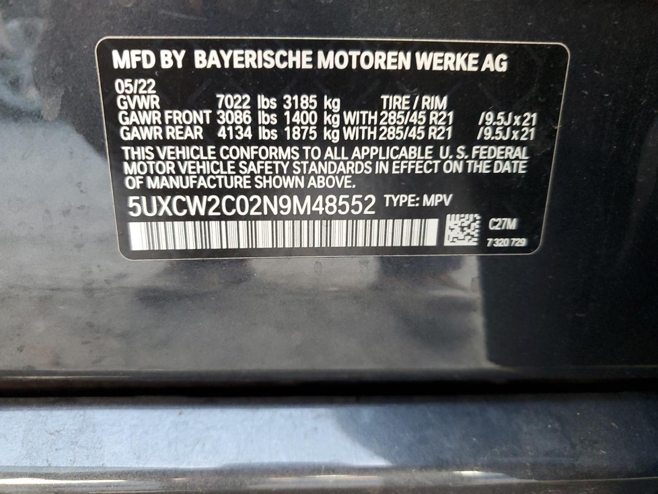 5UXCW2C02N9M48552 2022 BMW X7 xDrive40I