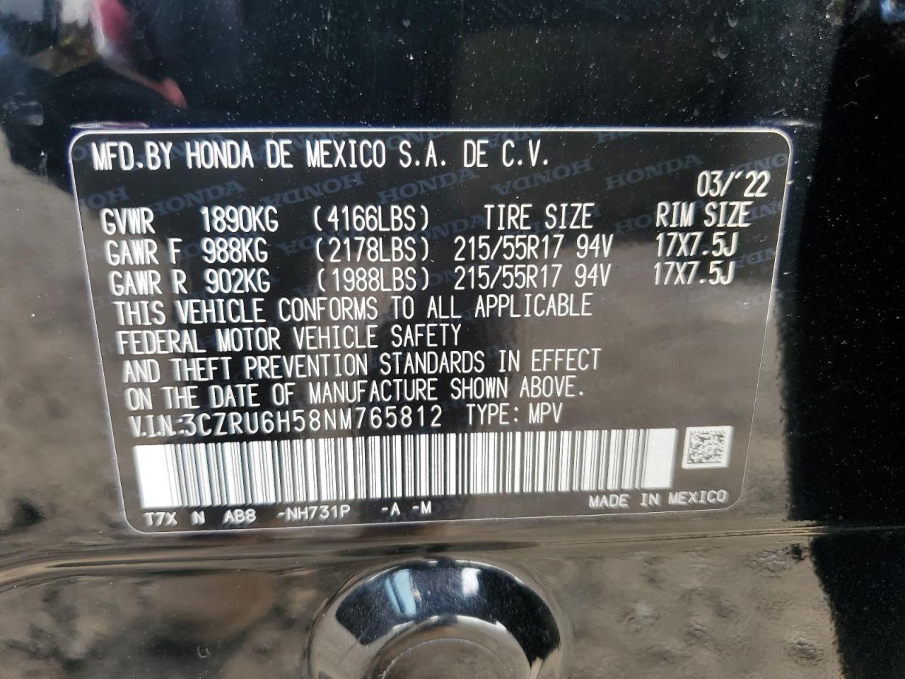 3CZRU6H58NM765812 2022 Honda Hr-V Ex