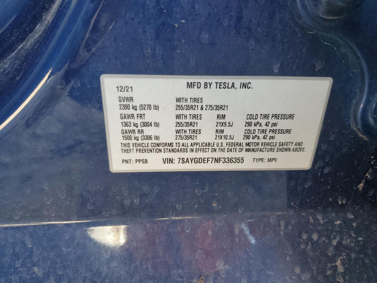 7SAYGDEF7NF336355 2022 Tesla Model Y