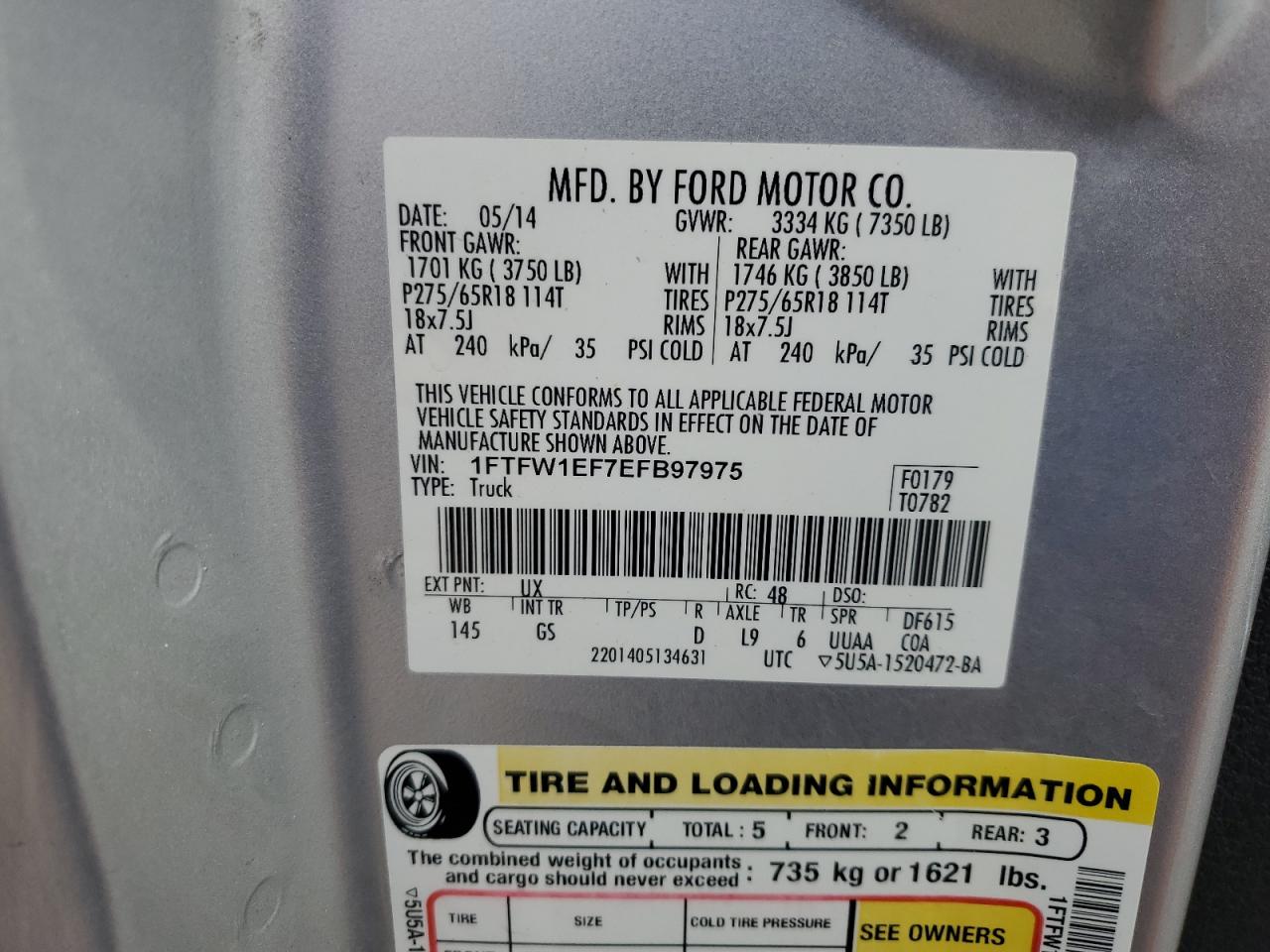 2014 Ford F150 Supercrew VIN: 1FTFW1EF7EFB97975 Lot: 73435434