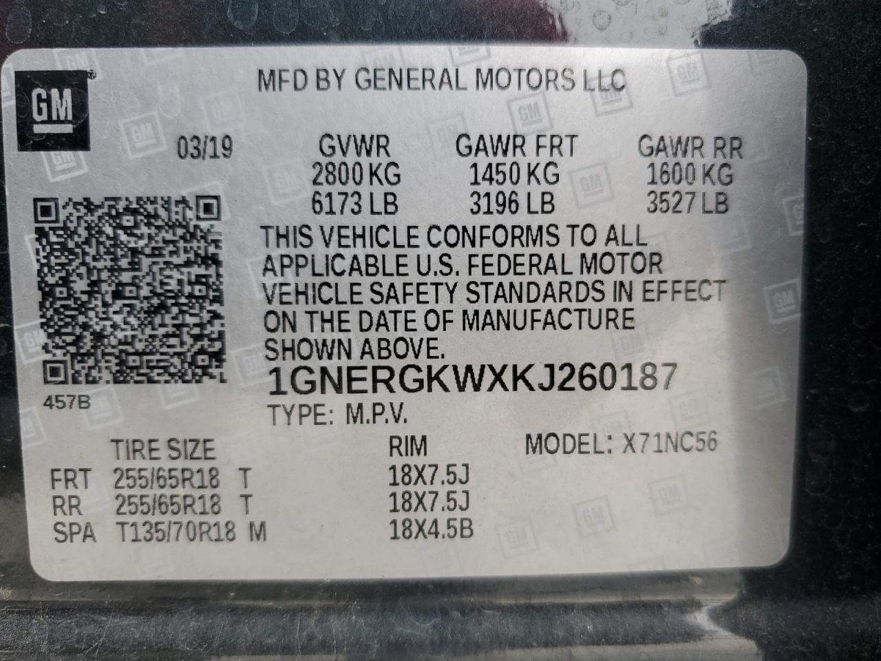 2019 Chevrolet Traverse Lt VIN: 1GNERGKWXKJ260187 Lot: 72132594