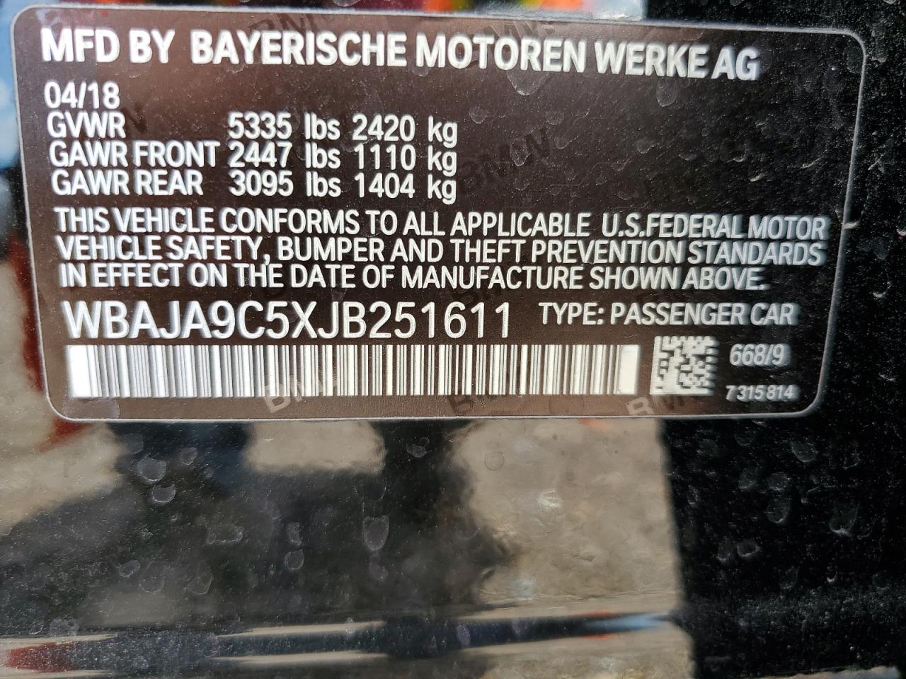 WBAJA9C5XJB251611 2018 BMW 530E