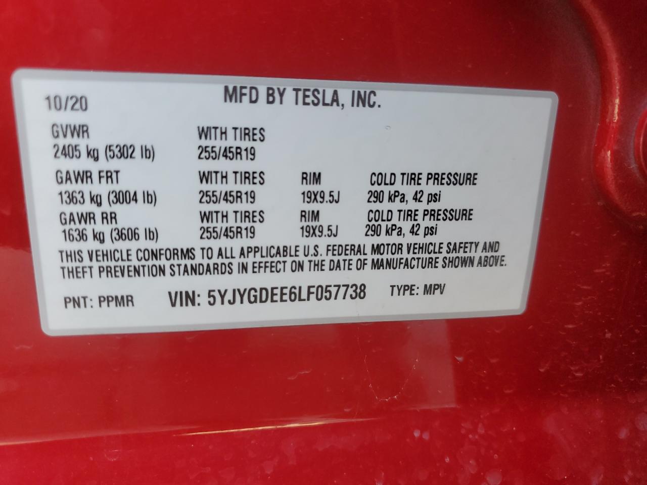 5YJYGDEE6LF057738 2020 Tesla Model Y