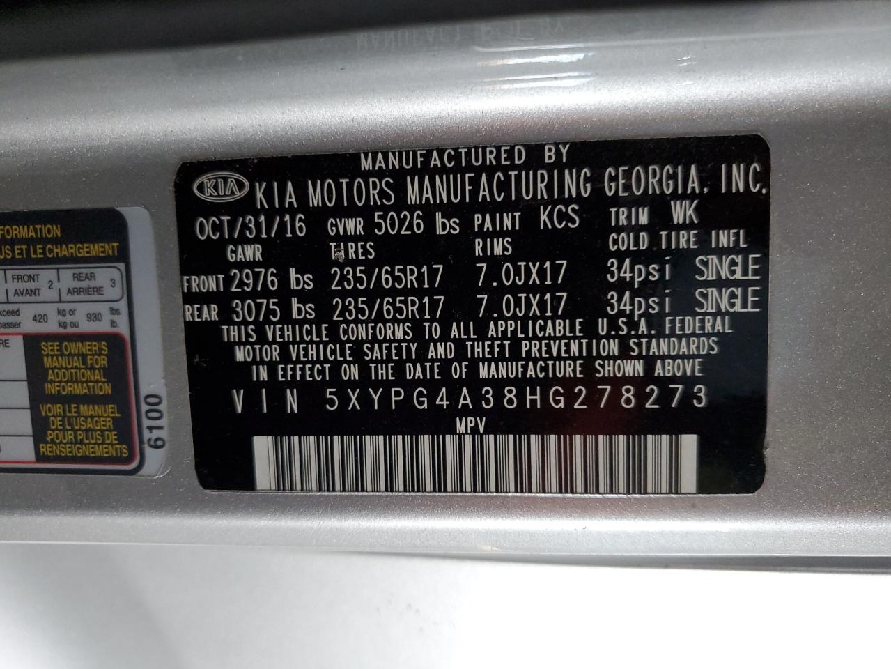 5XYPG4A38HG278273 2017 Kia Sorento Lx