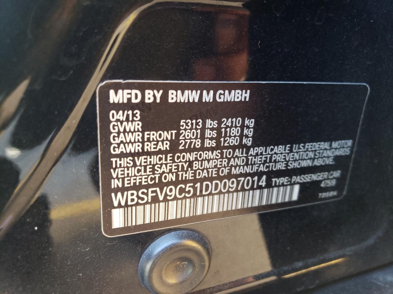 2013 BMW M5 VIN: WBSFV9C51DD097014 Lot: 73605304