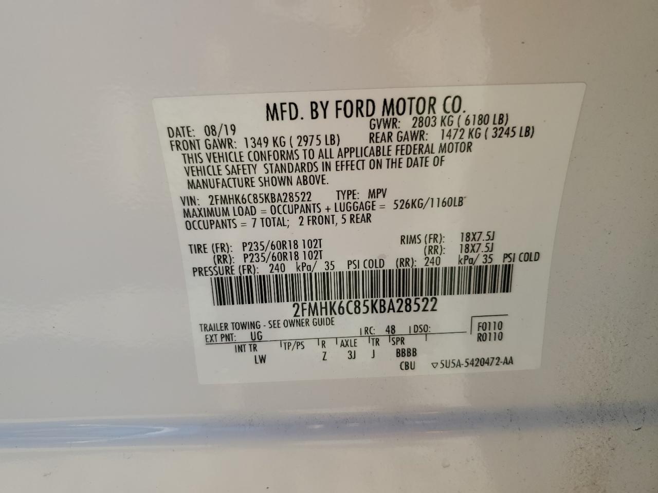 2FMHK6C85KBA28522 2019 Ford Flex Sel