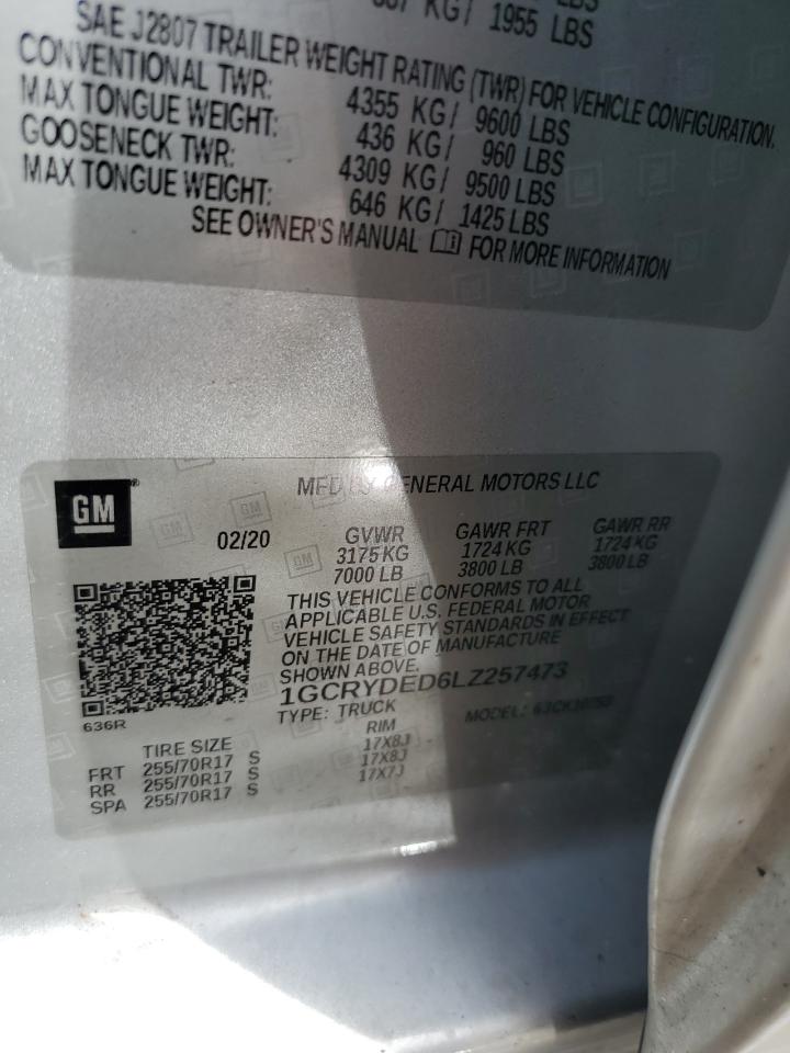 2020 Chevrolet Silverado K1500 Lt VIN: 1GCRYDED6LZ257473 Lot: 72845044