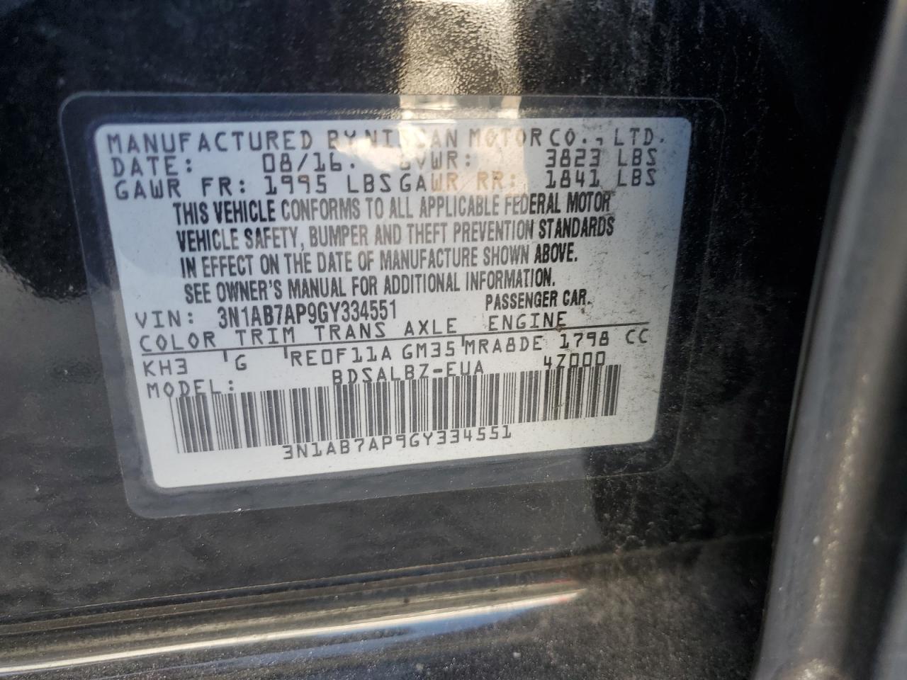 3N1AB7AP9GY334551 2016 Nissan Sentra S