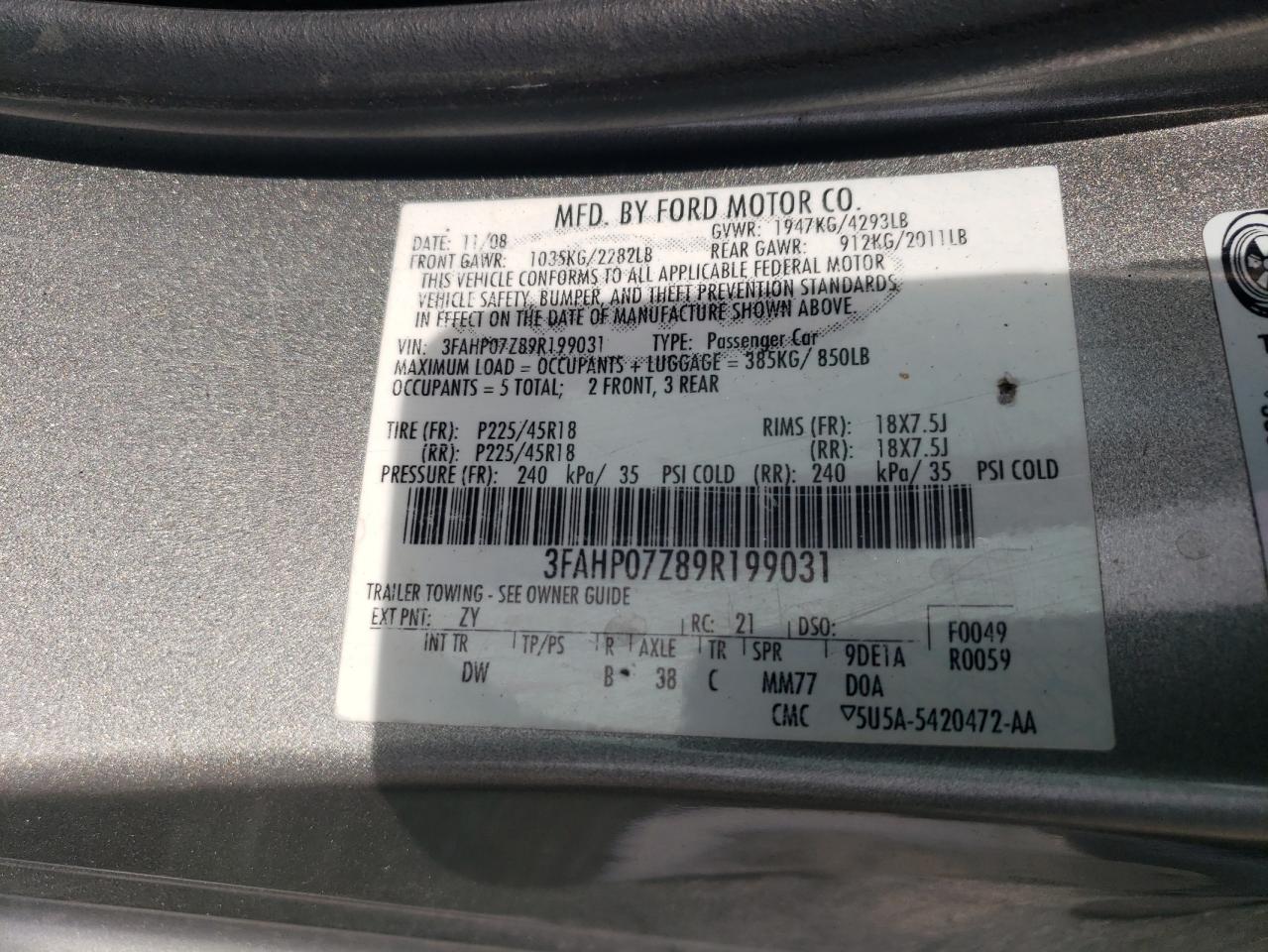 2009 Ford Fusion Se VIN: 3FAHP07Z89R199031 Lot: 71035084