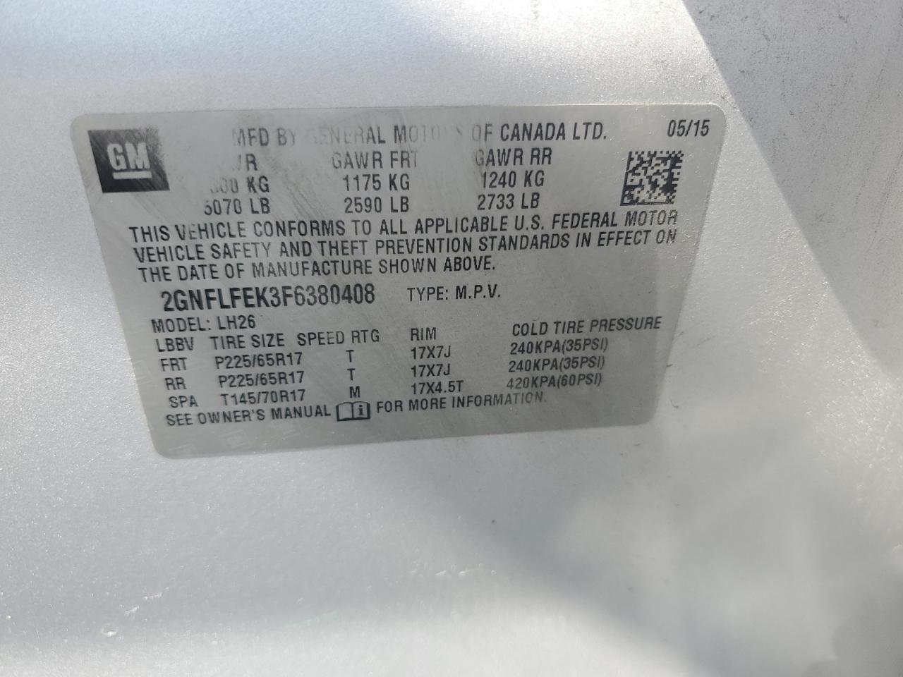 2GNFLFEK3F6380408 2015 Chevrolet Equinox Lt