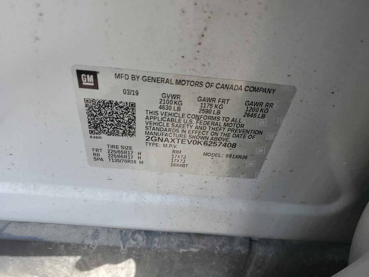 2GNAXTEV0K6257408 2019 Chevrolet Equinox Lt