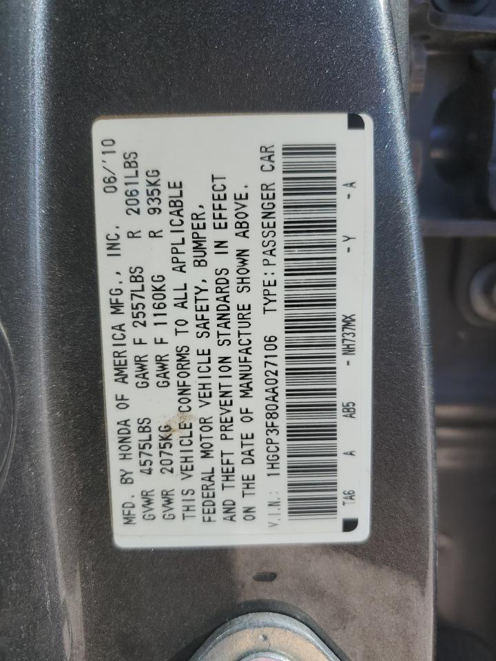 1HGCP3F80AA027106 2010 Honda Accord Exl