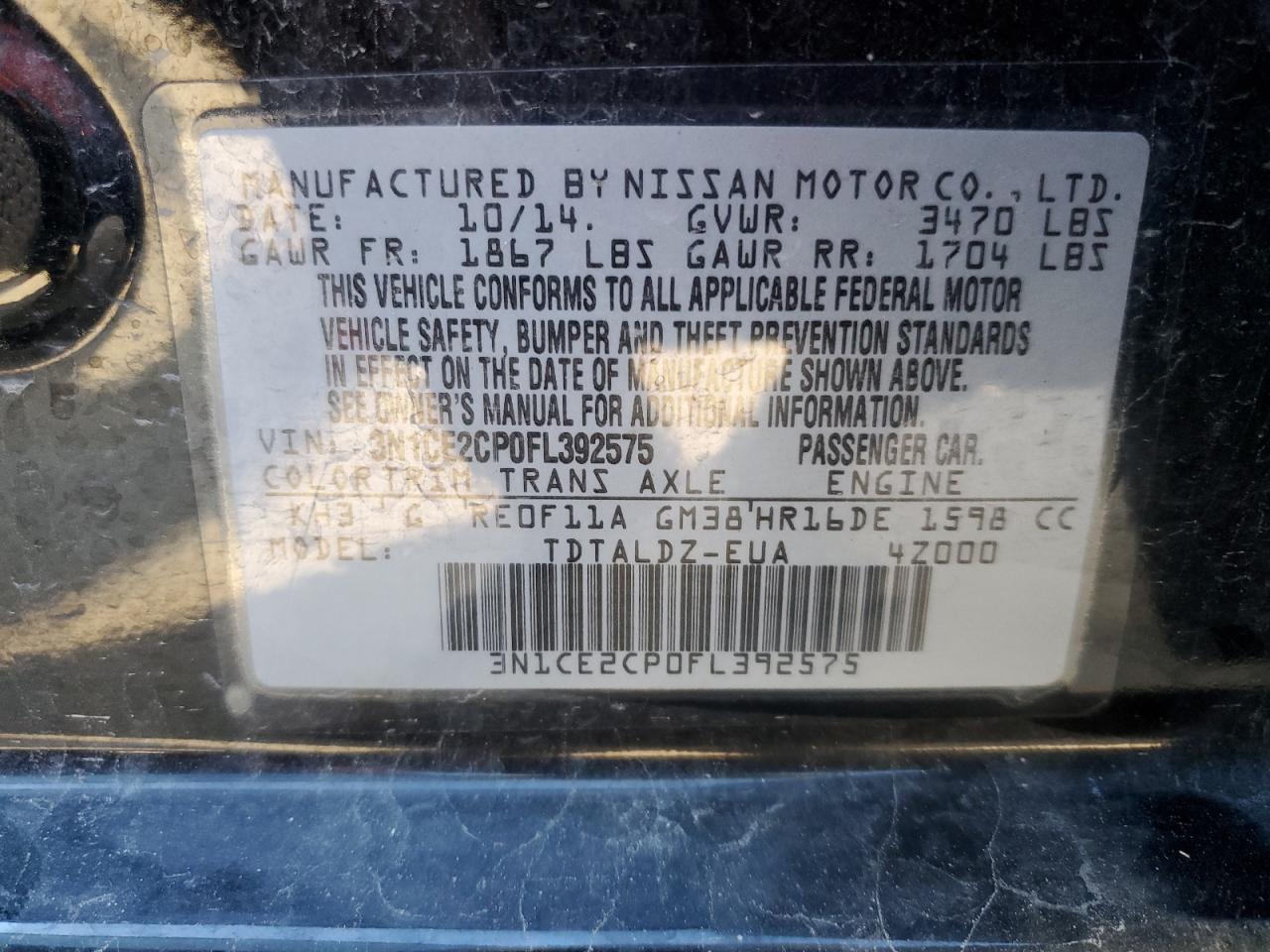 VIN 3N1CE2CP0FL392575 2015 NISSAN VERSA no.13