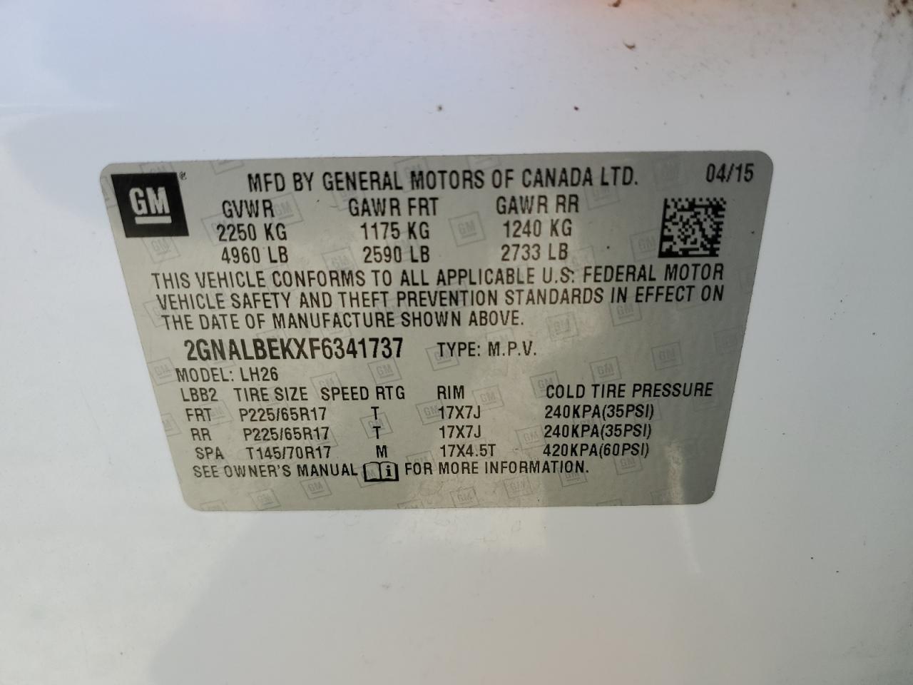 2GNALBEKXF6341737 2015 Chevrolet Equinox Lt