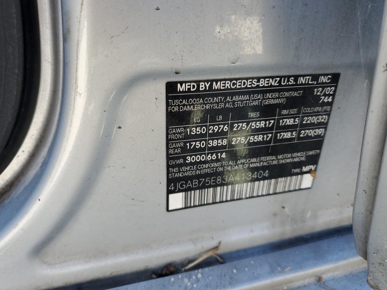 2003 Mercedes-Benz Ml 500 VIN: 4JGAB75E83A413404 Lot: 72238004