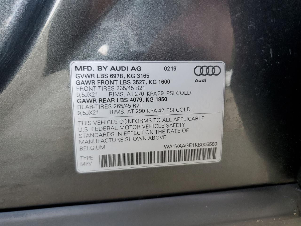 WA1VAAGE1KB006580 2019 Audi E-Tron Prestige