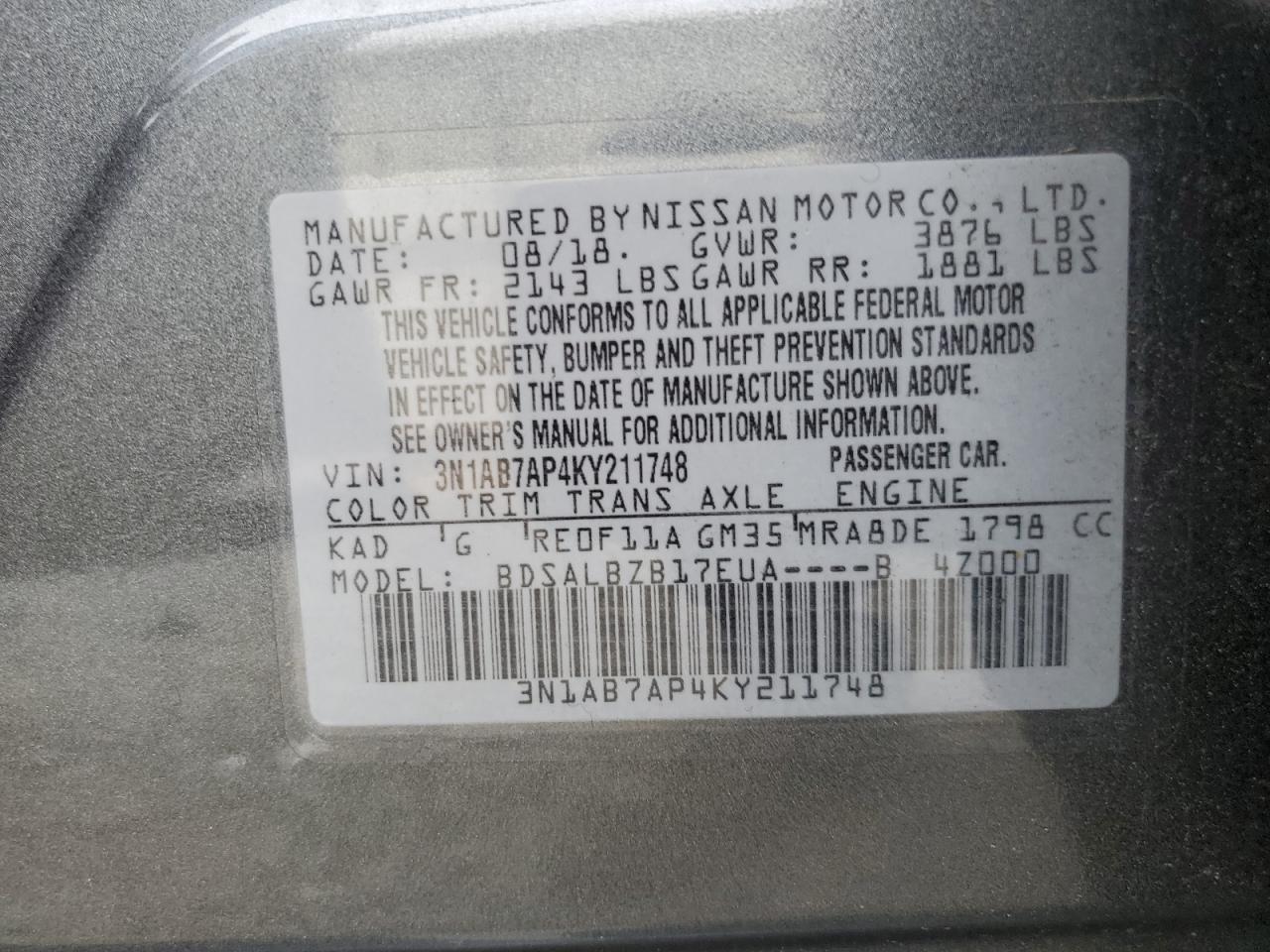 3N1AB7AP4KY211748 2019 Nissan Sentra S