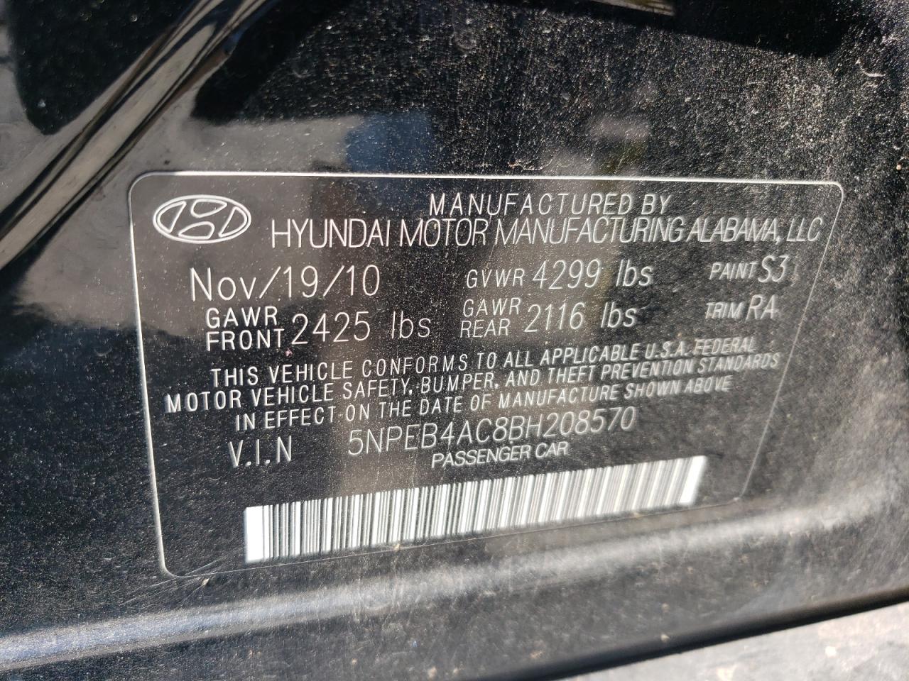 2011 Hyundai Sonata Gls VIN: 5NPEB4AC8BH208570 Lot: 70562384