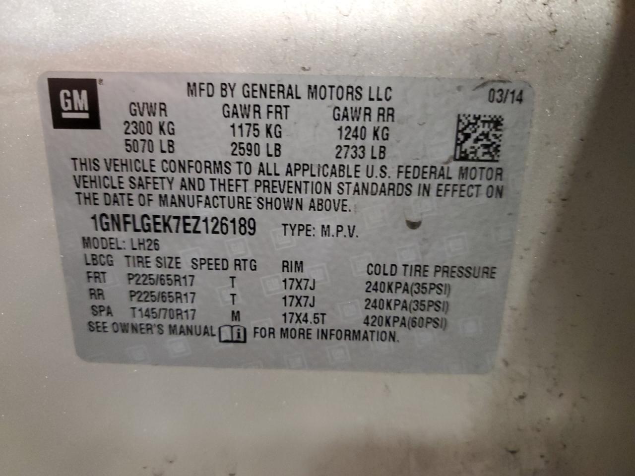 1GNFLGEK7EZ126189 2014 Chevrolet Equinox Lt