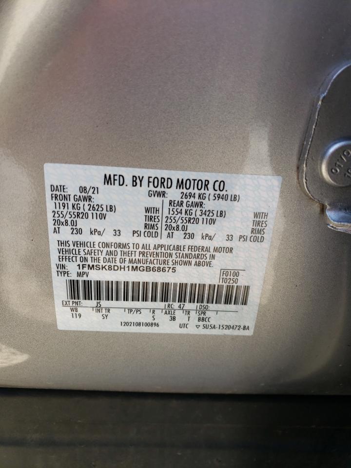 2021 Ford Explorer Xlt VIN: 1FMSK8DH1MGB68675 Lot: 72351044