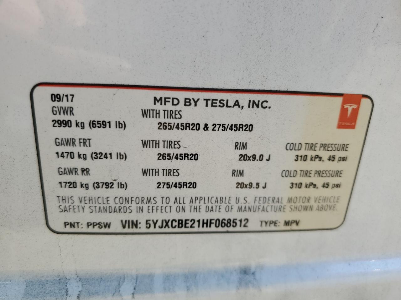 5YJXCBE21HF068512 2017 Tesla Model X