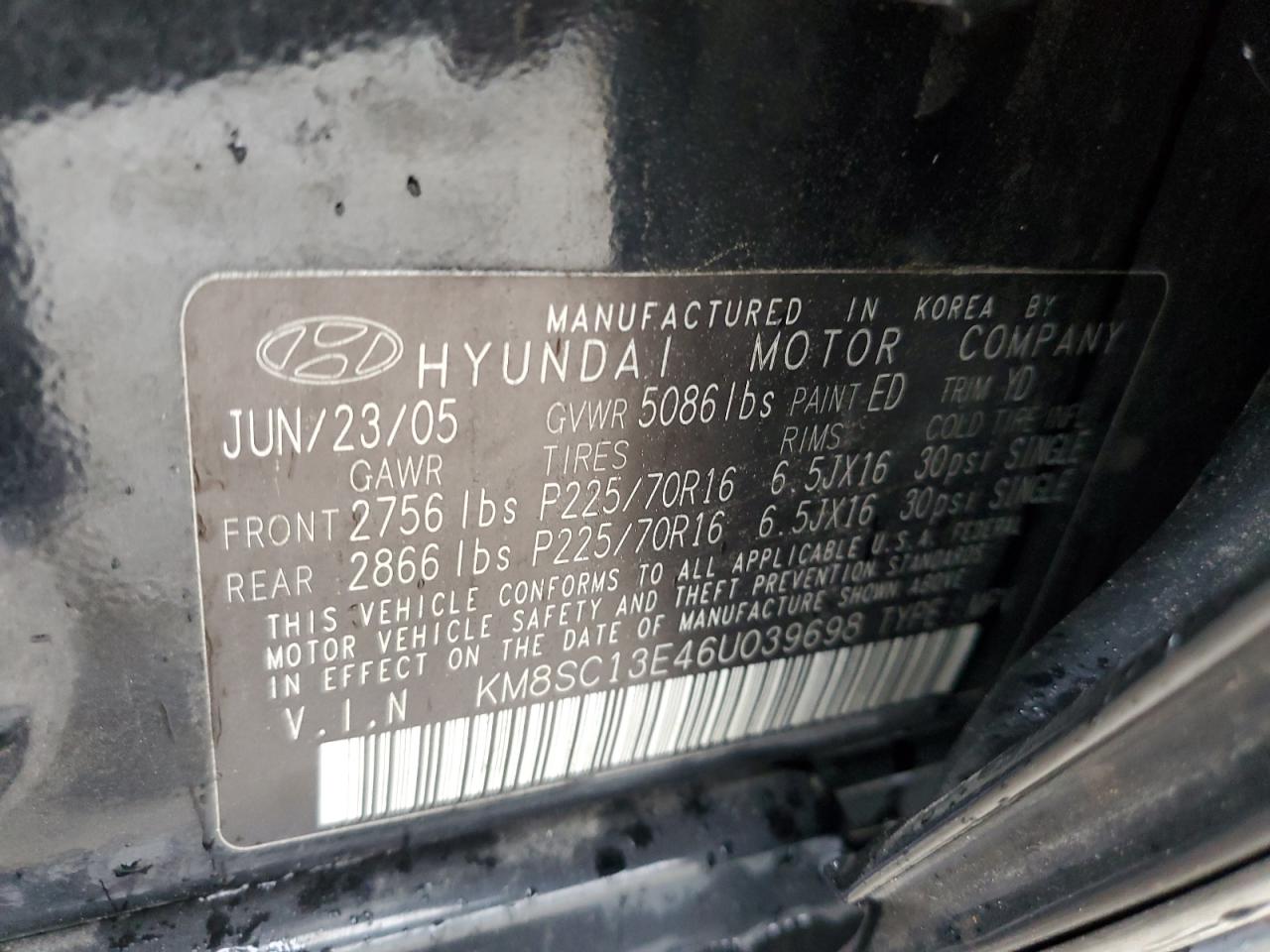 KM8SC13E46U039698 2006 Hyundai Santa Fe Gls