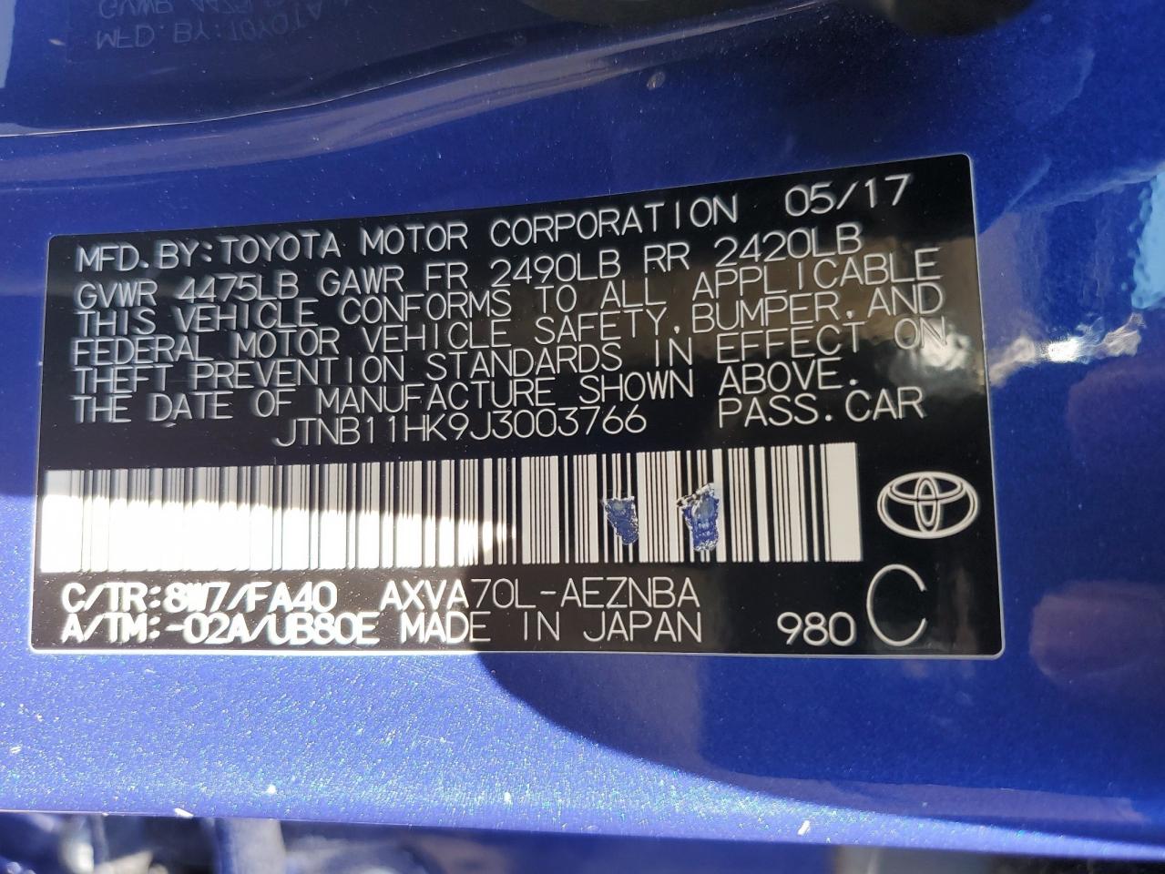 JTNB11HK9J3003766 2018 Toyota Camry L