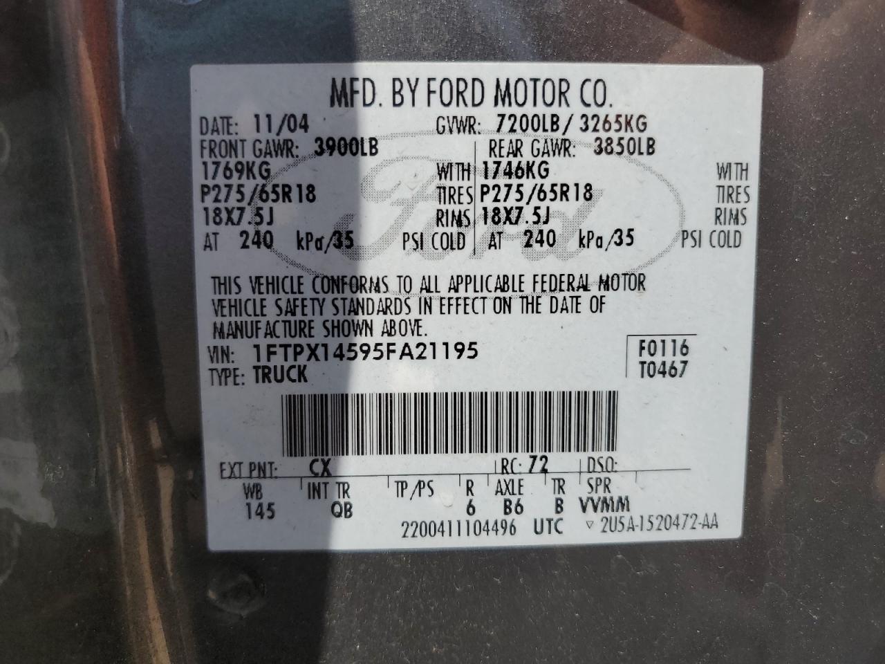 1FTPX14595FA21195 2005 Ford F150