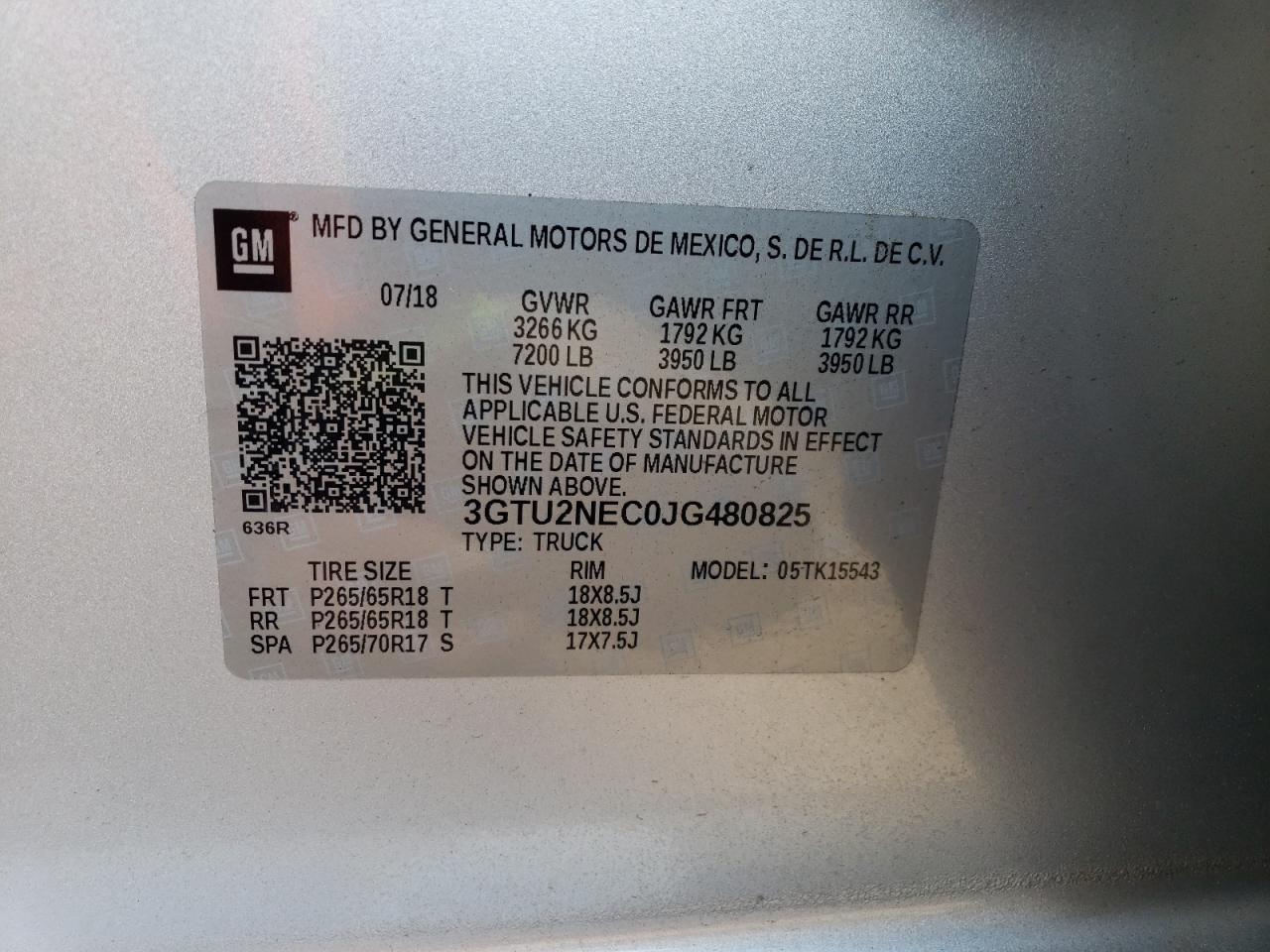 3GTU2NEC0JG480825 2018 GMC Sierra K1500 Slt