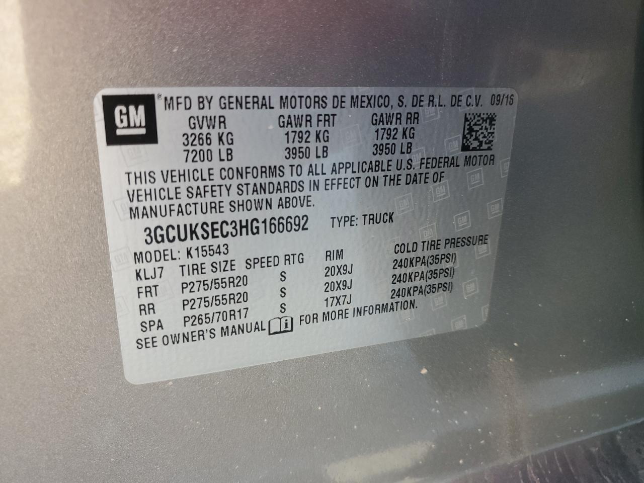 3GCUKSEC3HG166692 2017 Chevrolet Silverado K1500 Ltz